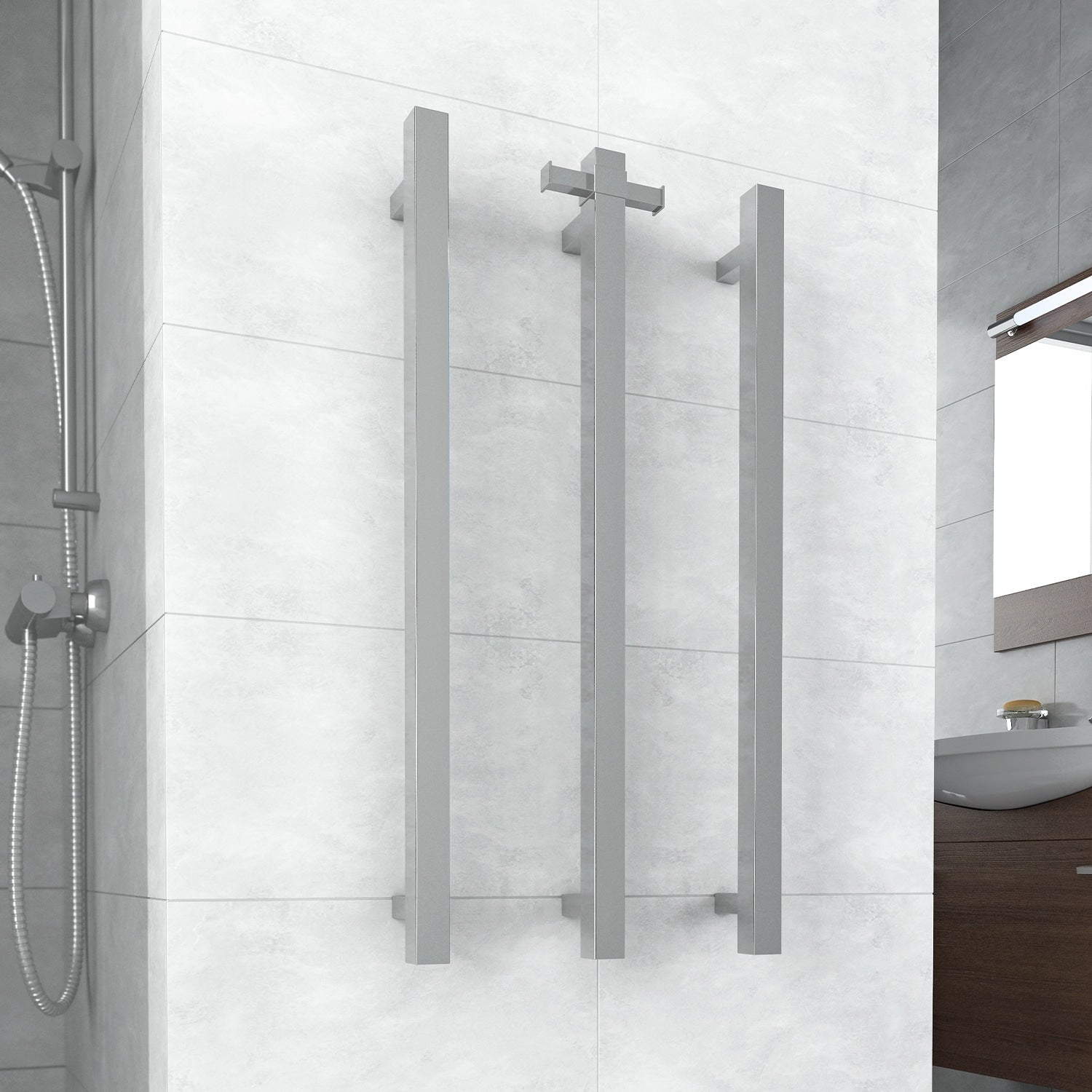 VS900SH Square Vertical Single Bar Polished Heated Towel Rail