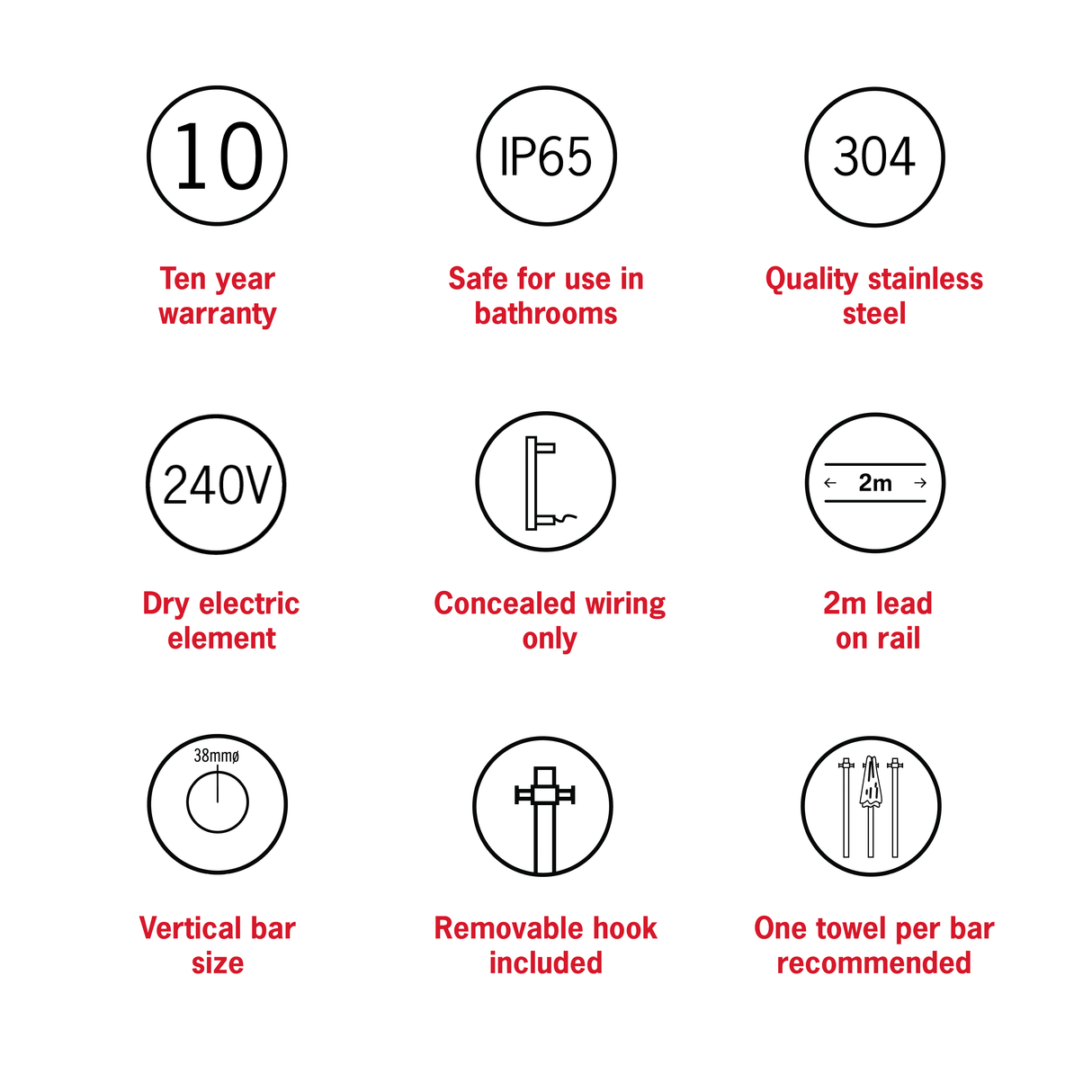 VSH900H Round 240Volt Vertical Single Polished Heated Towel Rail