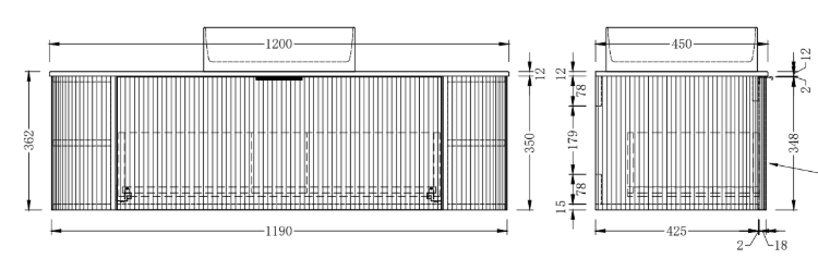 Adair Curved Fluted Wall Hung Vanity - Walnut Wood | 1200mm x 450mm