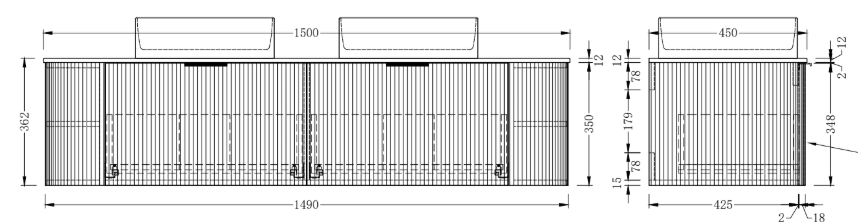 Adair Curved Fluted Wall Hung Vanity - Walnut Wood | 1500mm x 450mm