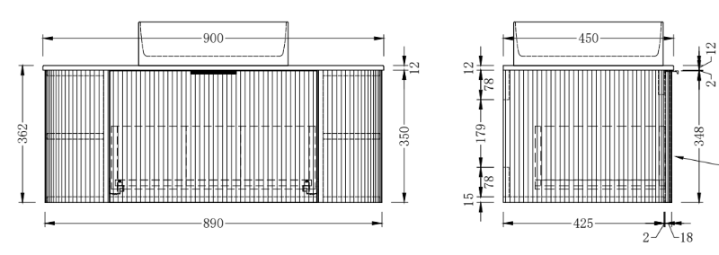 Adair Curved Fluted Wall Hung Vanity - Walnut Wood | 900mm x 450mm