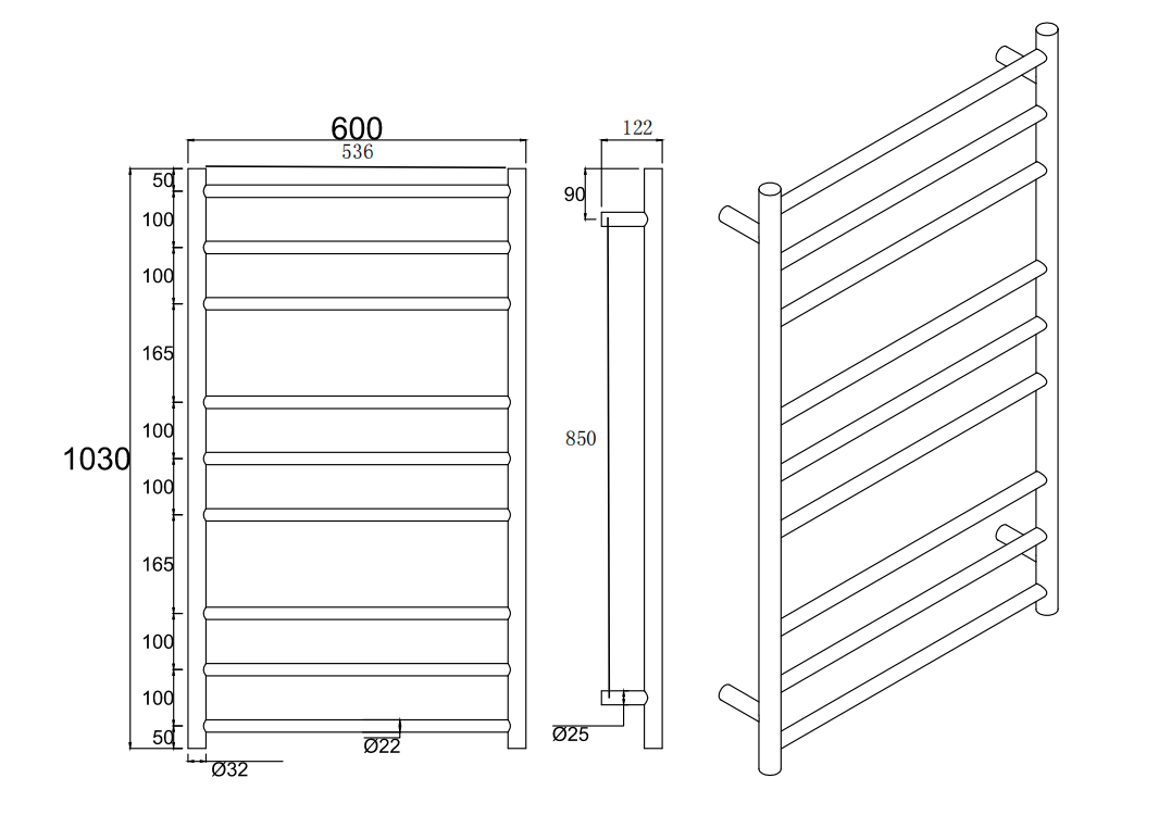 Black Heated Towel Rack 9 Bars
