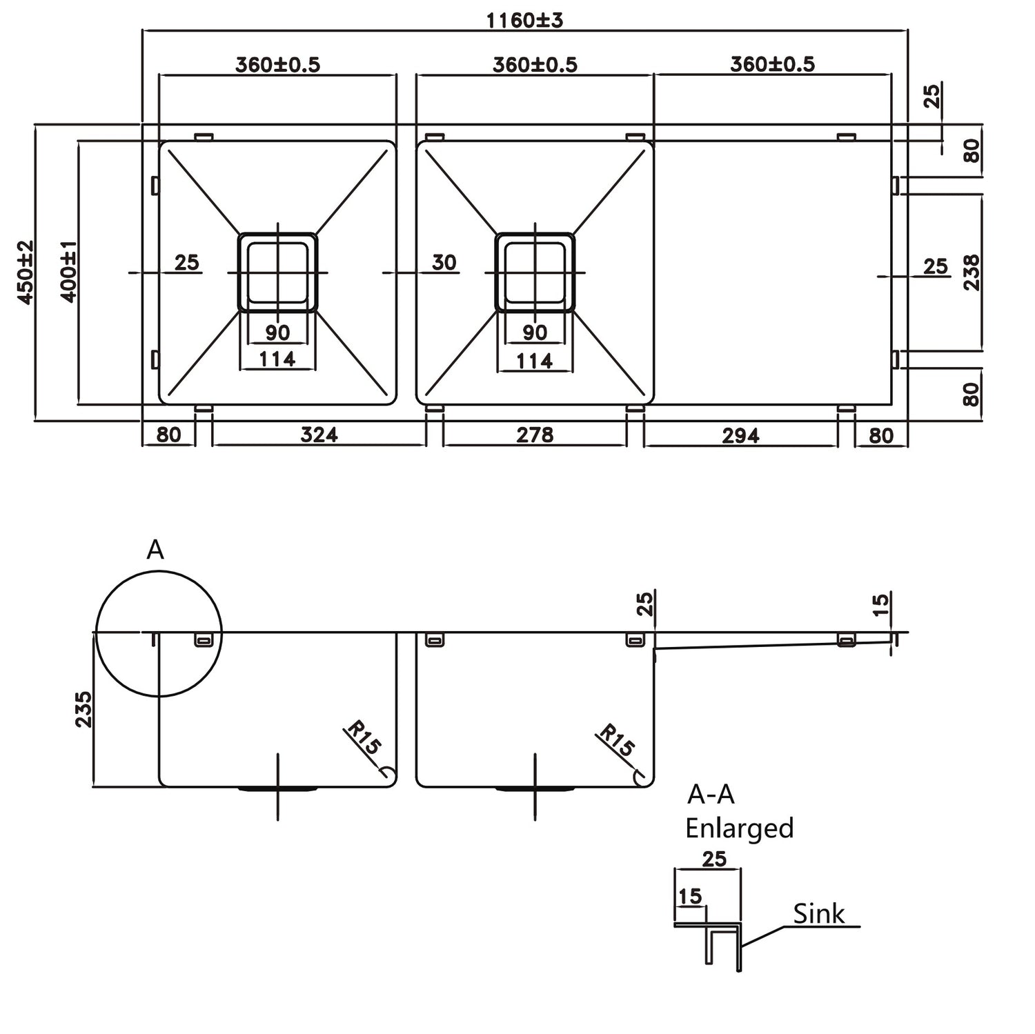 Stainless Steel Double Bowl Sink With Drainer 1160*450*235mm