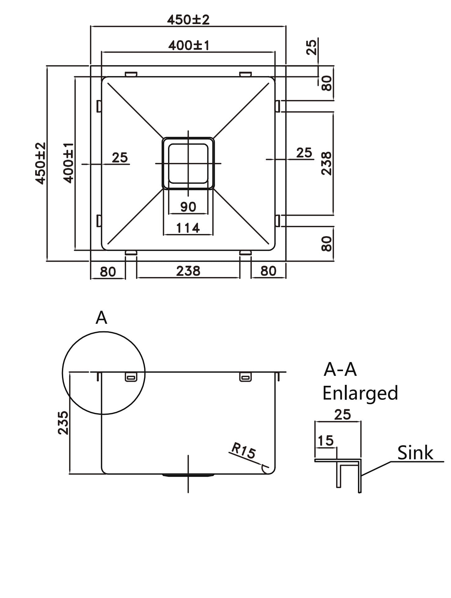 Stainless Steel Sink 450*450*235mm