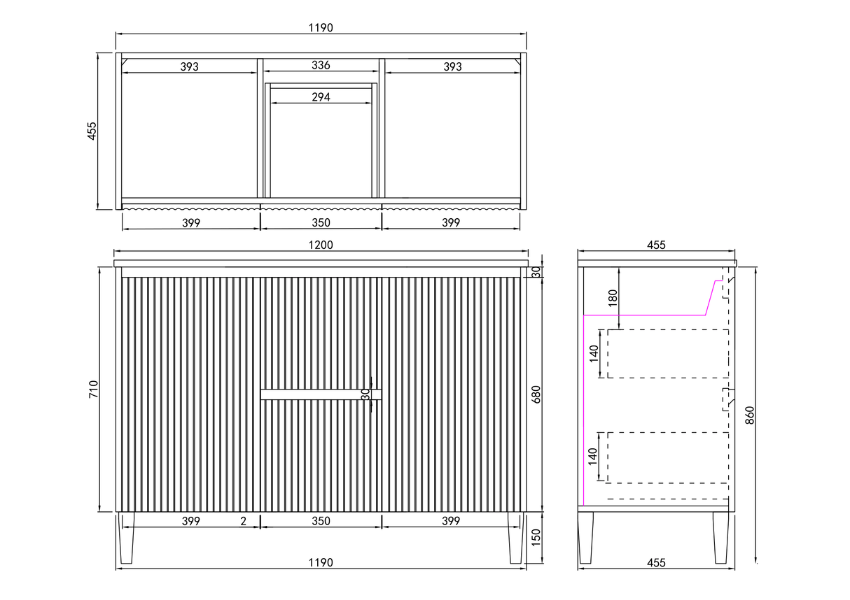 Brighton Double Bowl Free Standing Fluted Vanity 1200X455X860MM