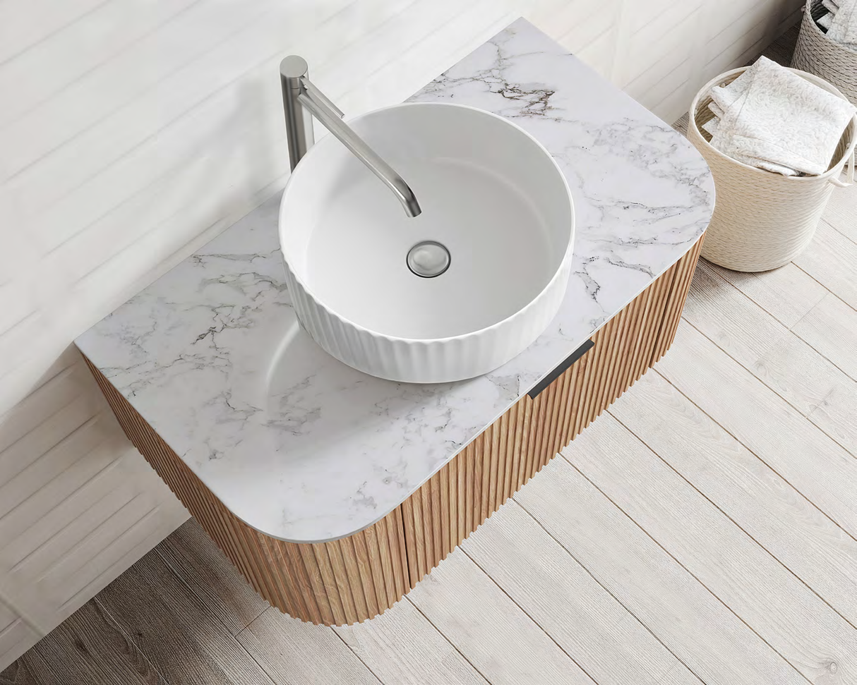 Adair Curved Fluted Wall Hung Vanity - Walnut Wood | 900mm x 450mm