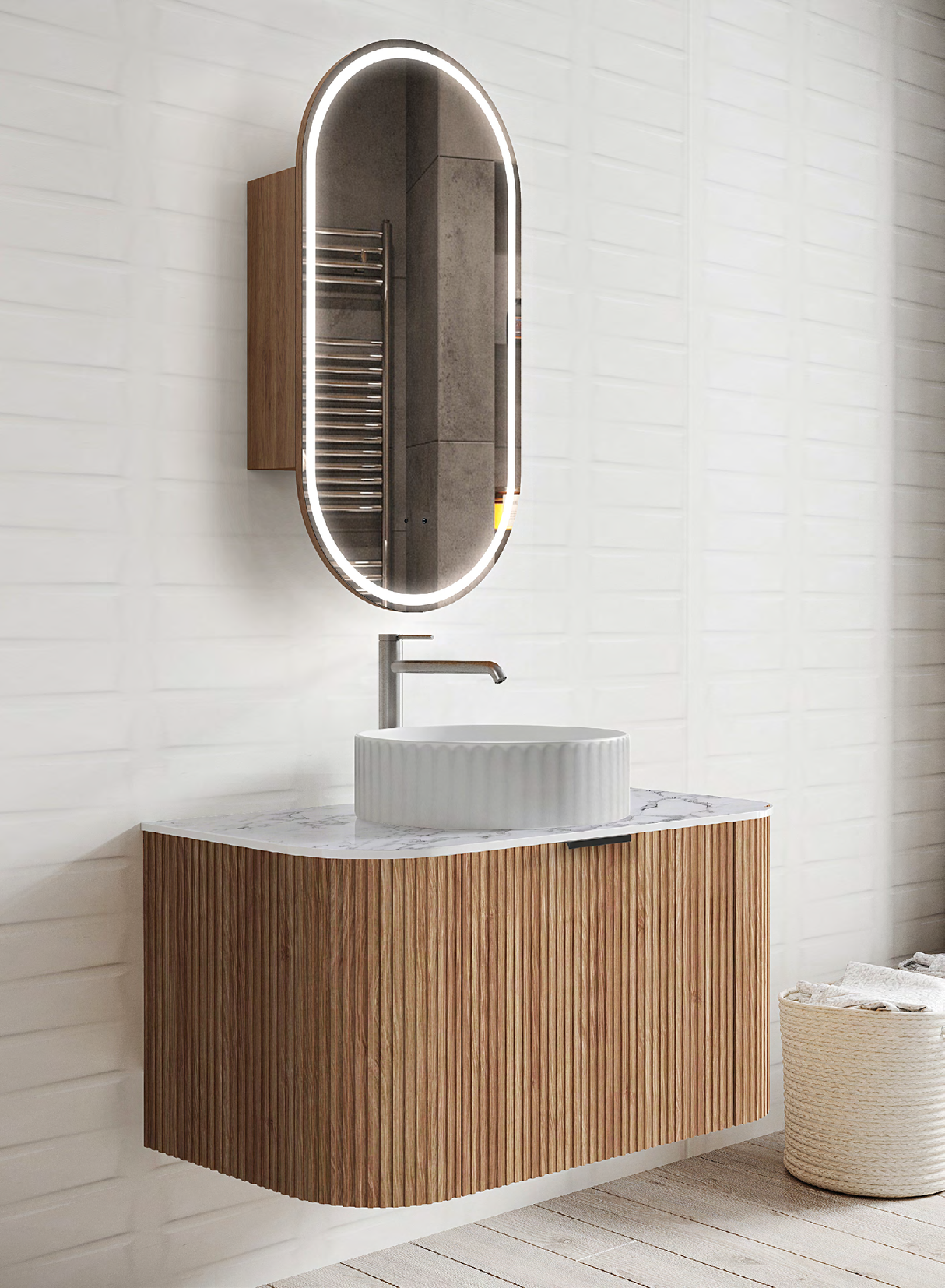 Adair Curved Fluted Wall Hung Vanity - Walnut Wood | 900mm x 450mm