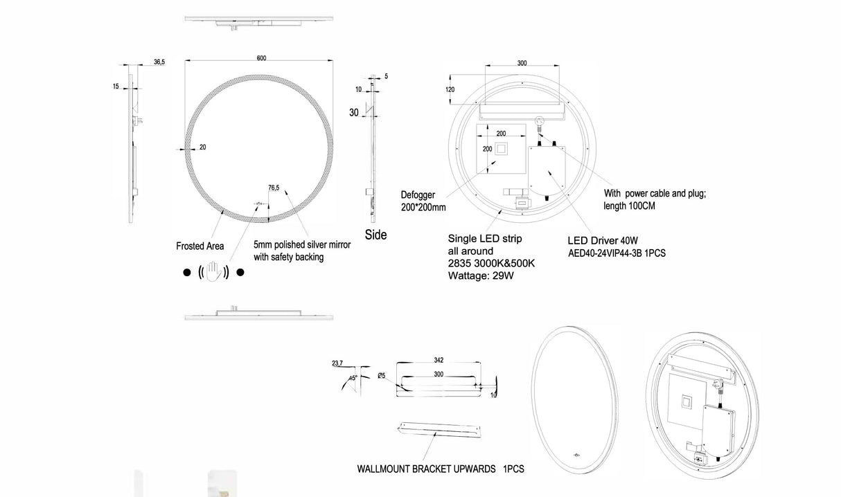Luna Round Touchless 600 X 600 Frameless LED Mirror - Three Light Temperatures