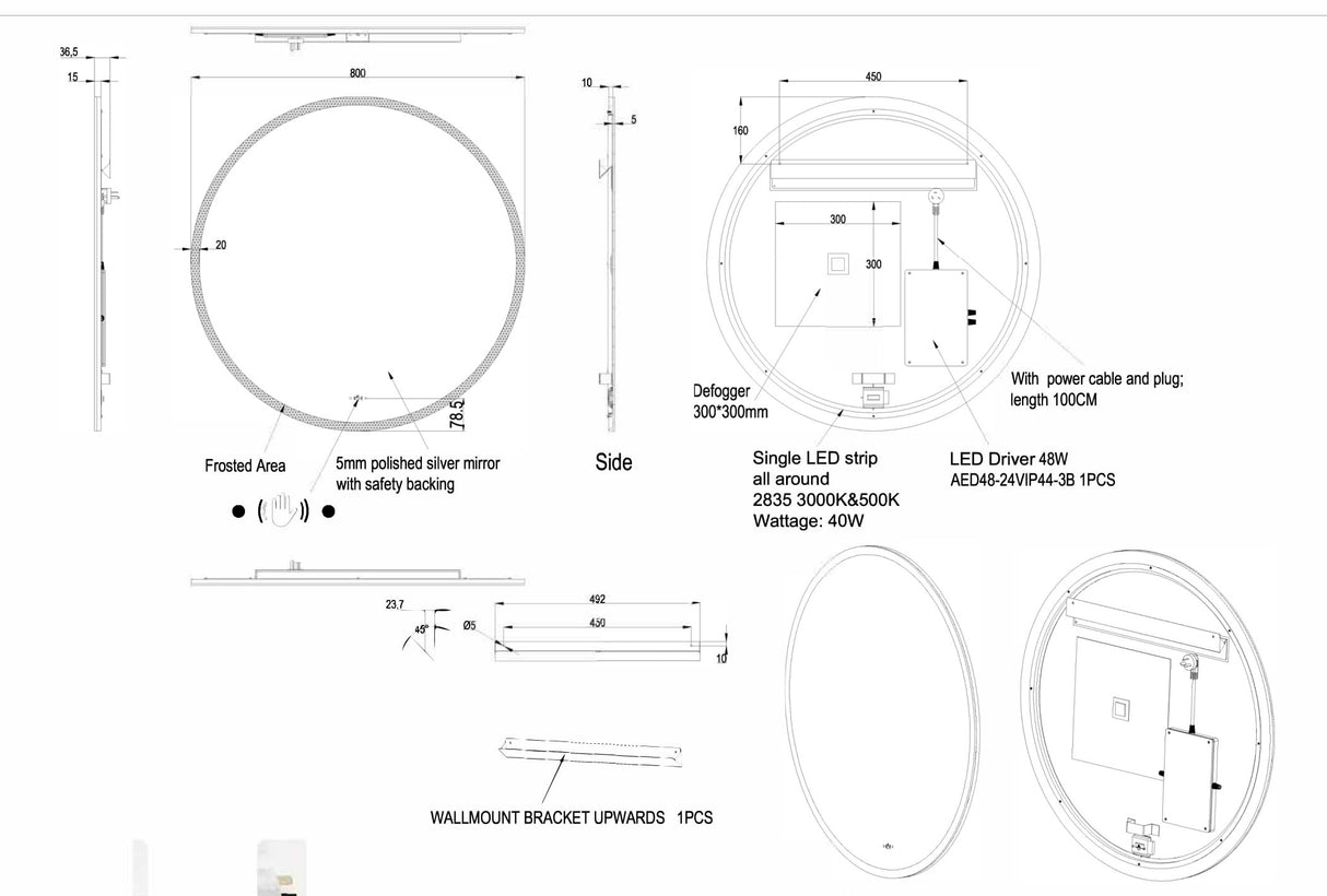 Luna Round Touchless 800 X 800 Frameless LED Mirror - Three Light Temperatures