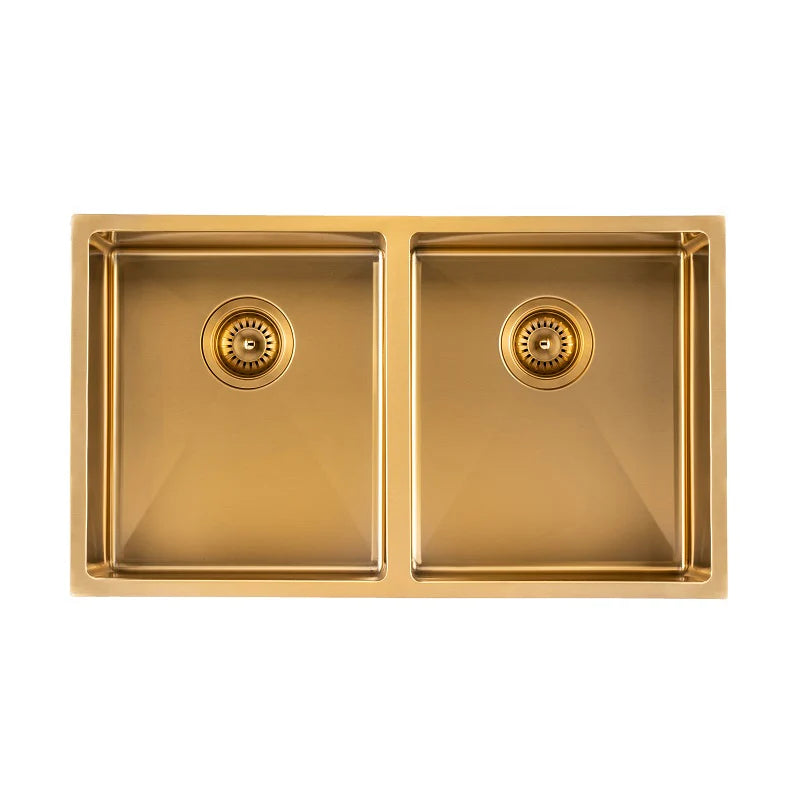 Handmade Stainless Steel Brushed Brass Double Bowl Kitchen Sink 1.2mm (Top/Flush/Undermount) 820*457*230mm