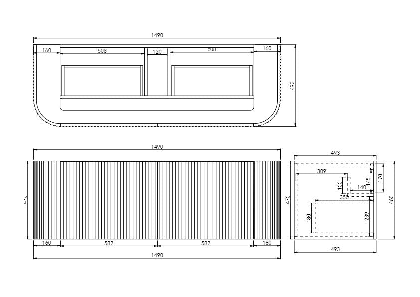 Avalon Double Bowl Curved Wall Hung Fluted Vanity 1490X493X470MM