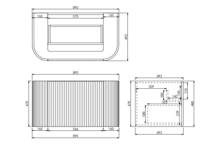 Avalon Curved Wall Hung Fluted Vanity 890X493X470MM