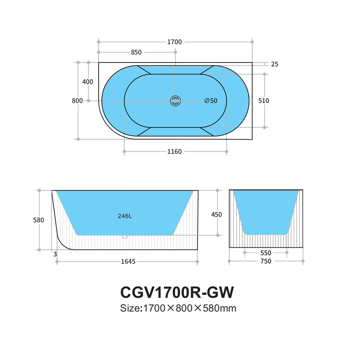 Capri Oval Fluted Freestanding Right Corner Bath 1700X800X580MM