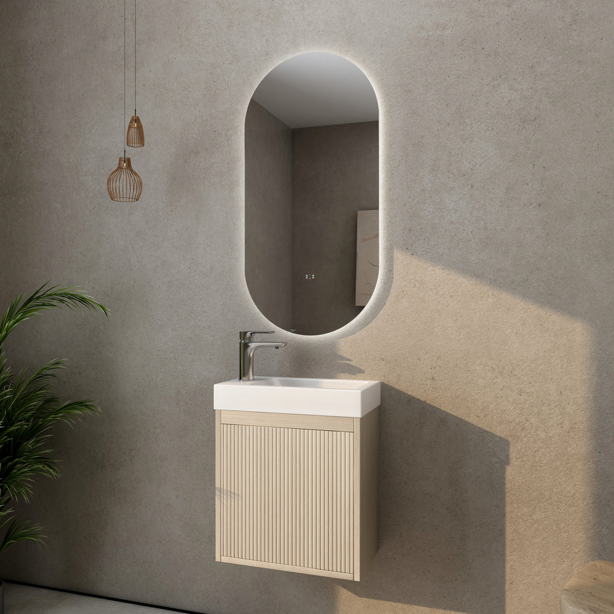 Bellevue Woodgrain Wall Hung Fluted Vanity 455X250X670MM