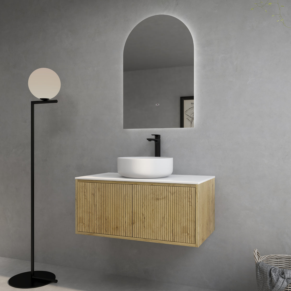 Bellevue Woodgrain Wall Hung Fluted Vanity 890X496X380MM