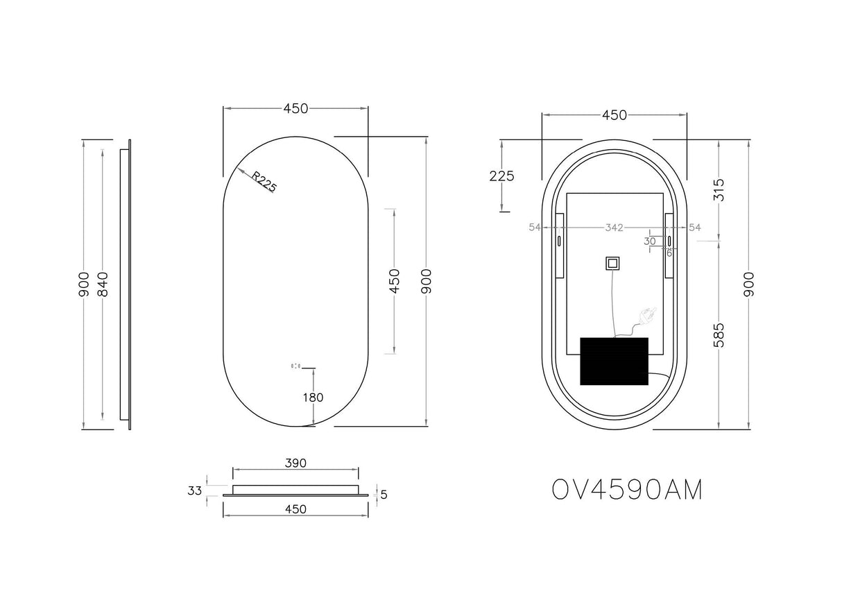 Olivia Oval Touchless 450 X 900 Frameless LED Mirror - Three Light Temperatures