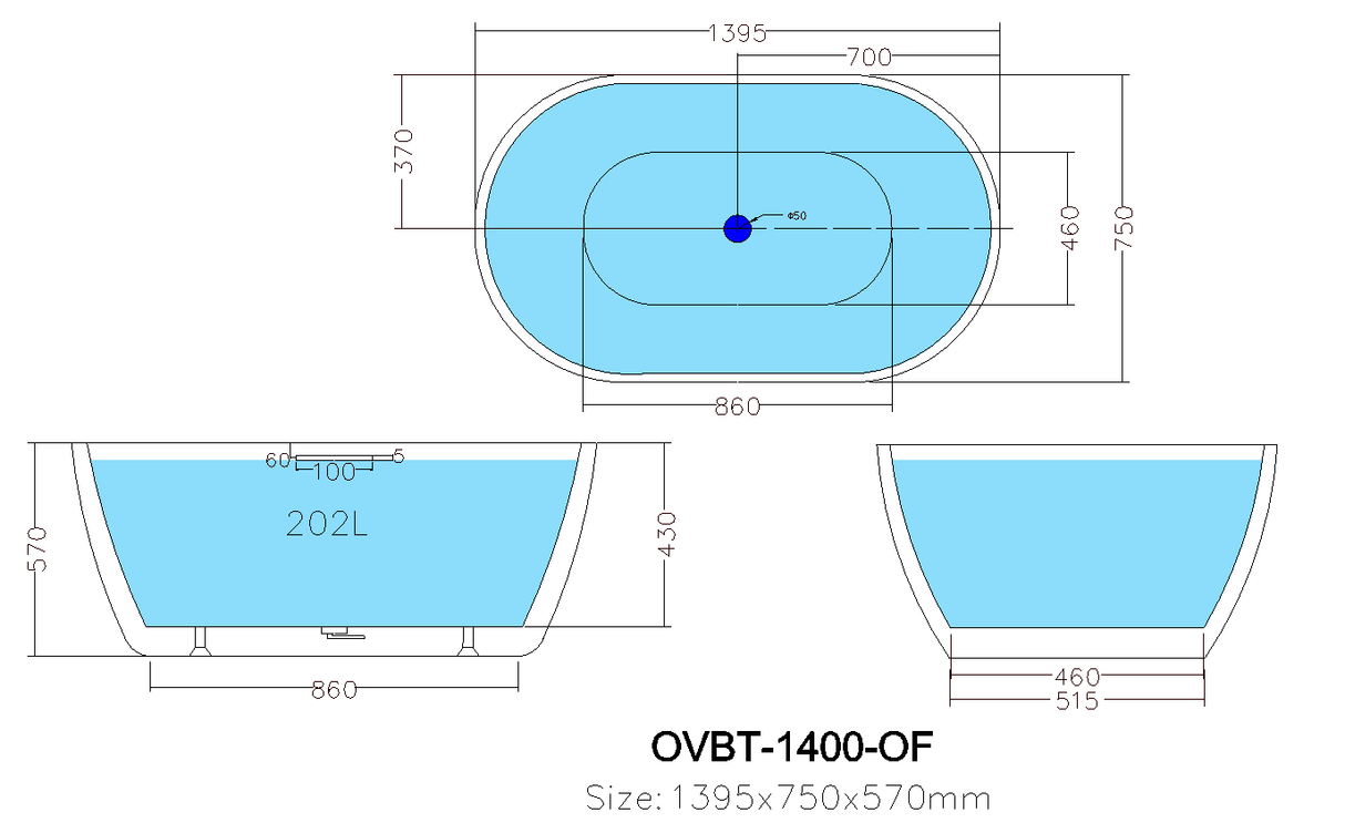 Olivia Matte White Free Standing Bathtub 1395*750*570mm