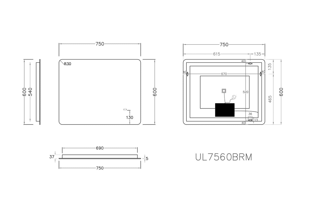 Jasper Rectangular Touchless 750 X 600 Frameless LED Mirror - Three Light Temperatures