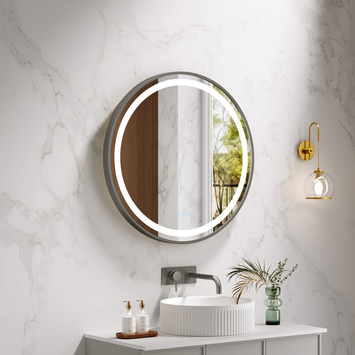 Venus 600/750/900mm LED Round Mirror – Gun Metal Frame