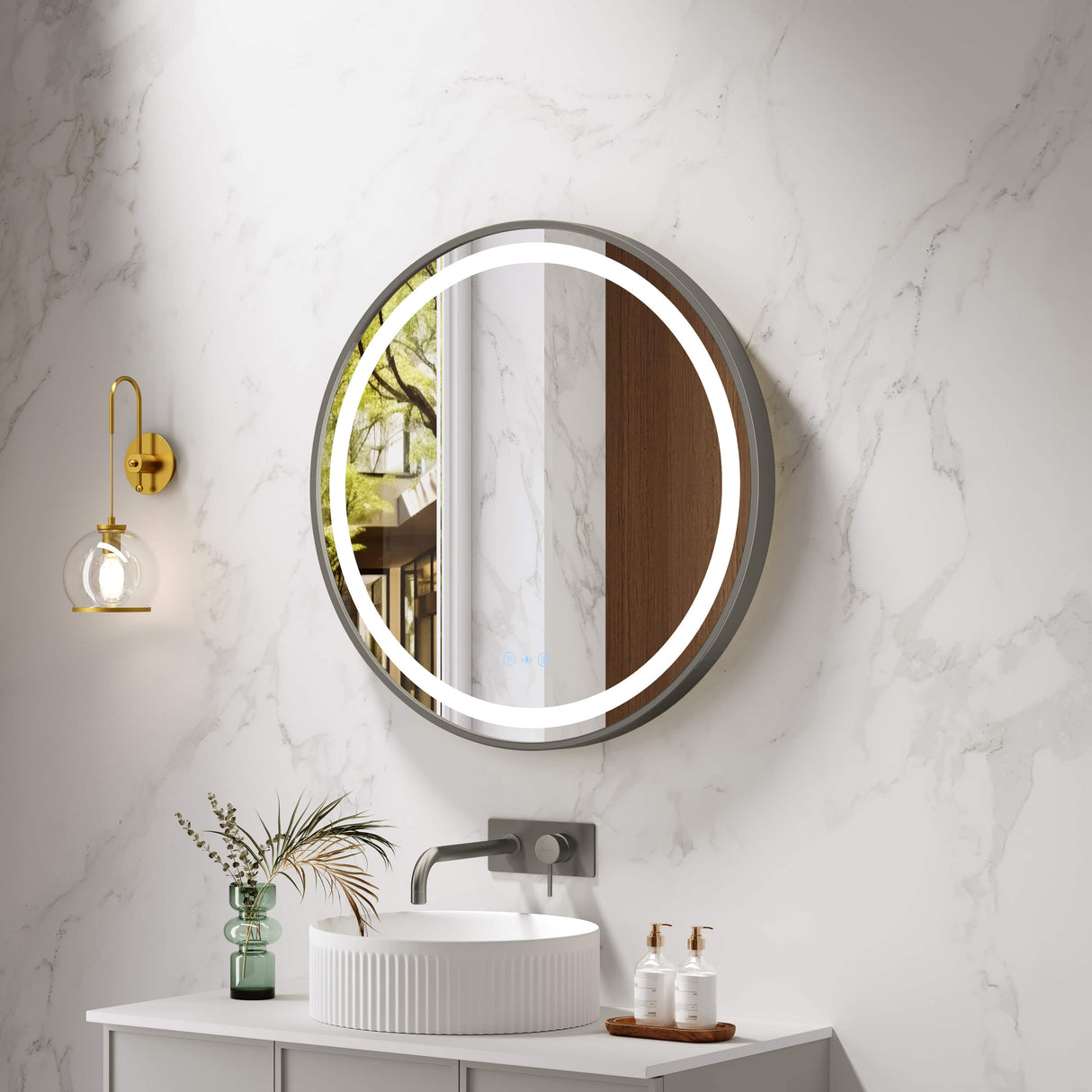 Venus 600/750/900mm LED Round Mirror – Gun Metal Frame