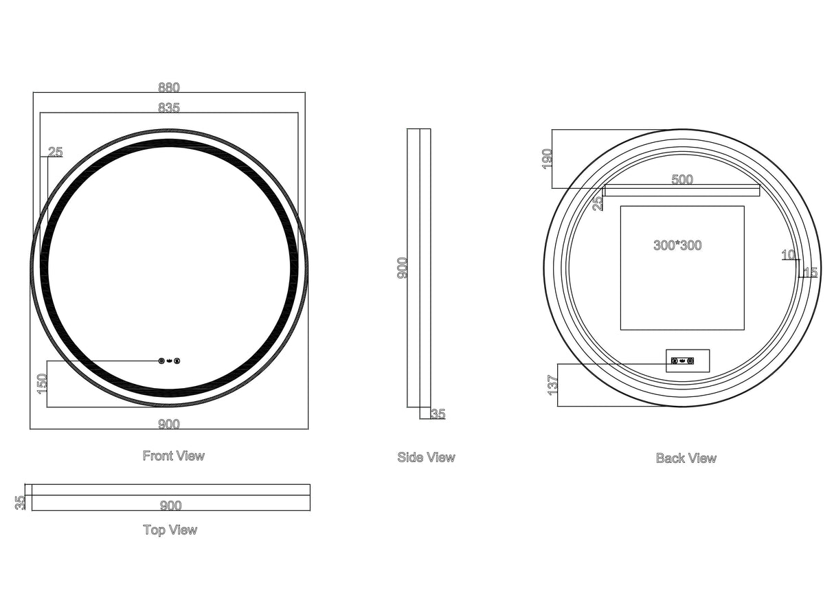 Venus 600/750/900mm LED Round Mirror – Matt Black Frame