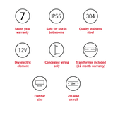 VP900BR Brushed Stainless Flat Pill 12V Vertical Single Heated Towel Rail