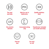 VP900 Flat Pill 12V Vertical Single Polished Heated Towel Rail