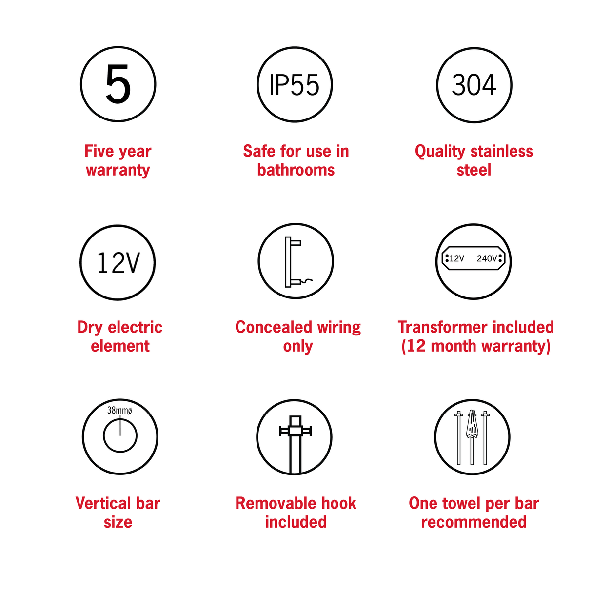 VS900HPL Straight Round 12V Vertical Single Polished Heated Towel Rail