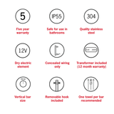 VS900HPL Straight Round 12V Vertical Single Polished Heated Towel Rail