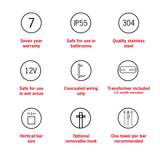 VS900SHB Matt Black Square Vertical Single Bar Heated Towel Rail