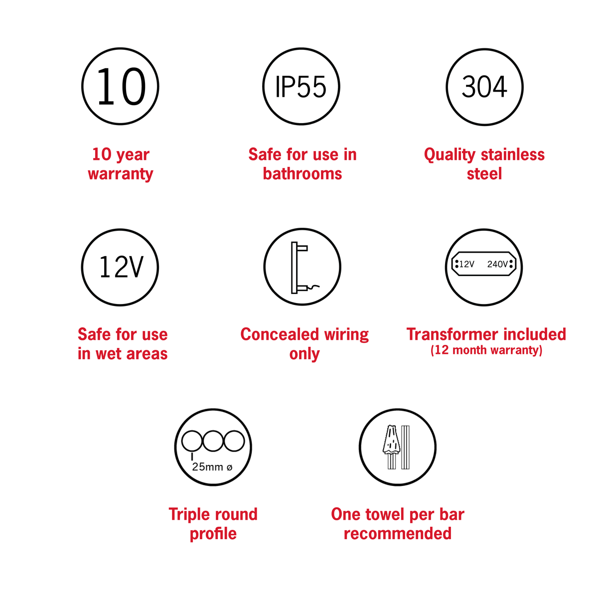 VW900 Polished Stainless Steel Triple Tube Vertical Single Heated Towel Rail