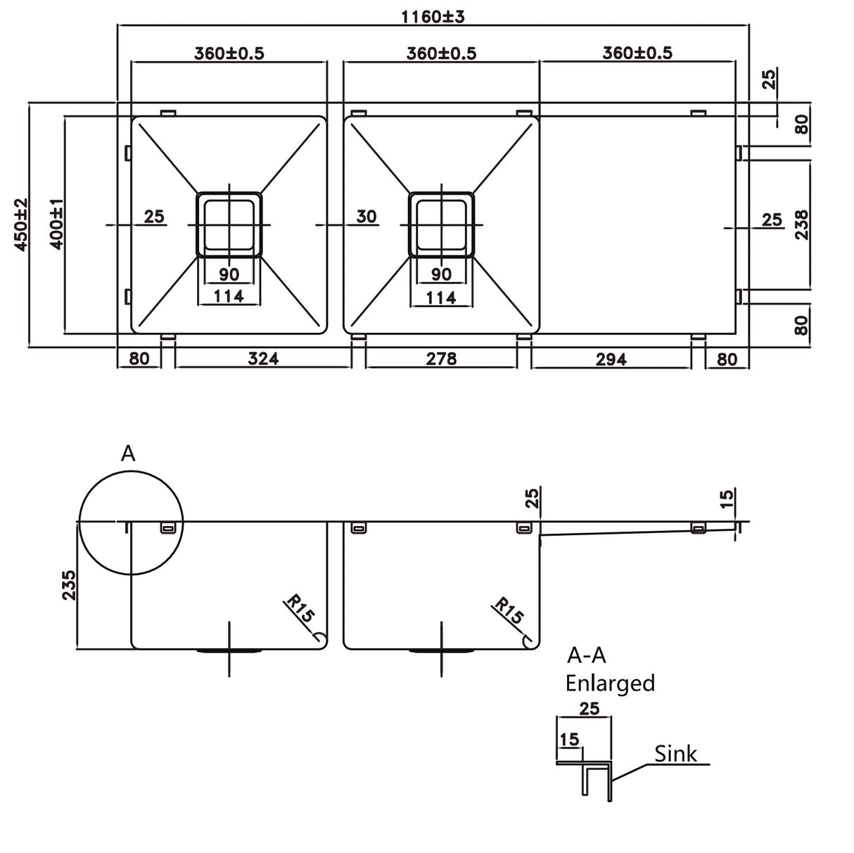 Stainless Steel Double Bowl Sink With Drainer 1160*450*235mm