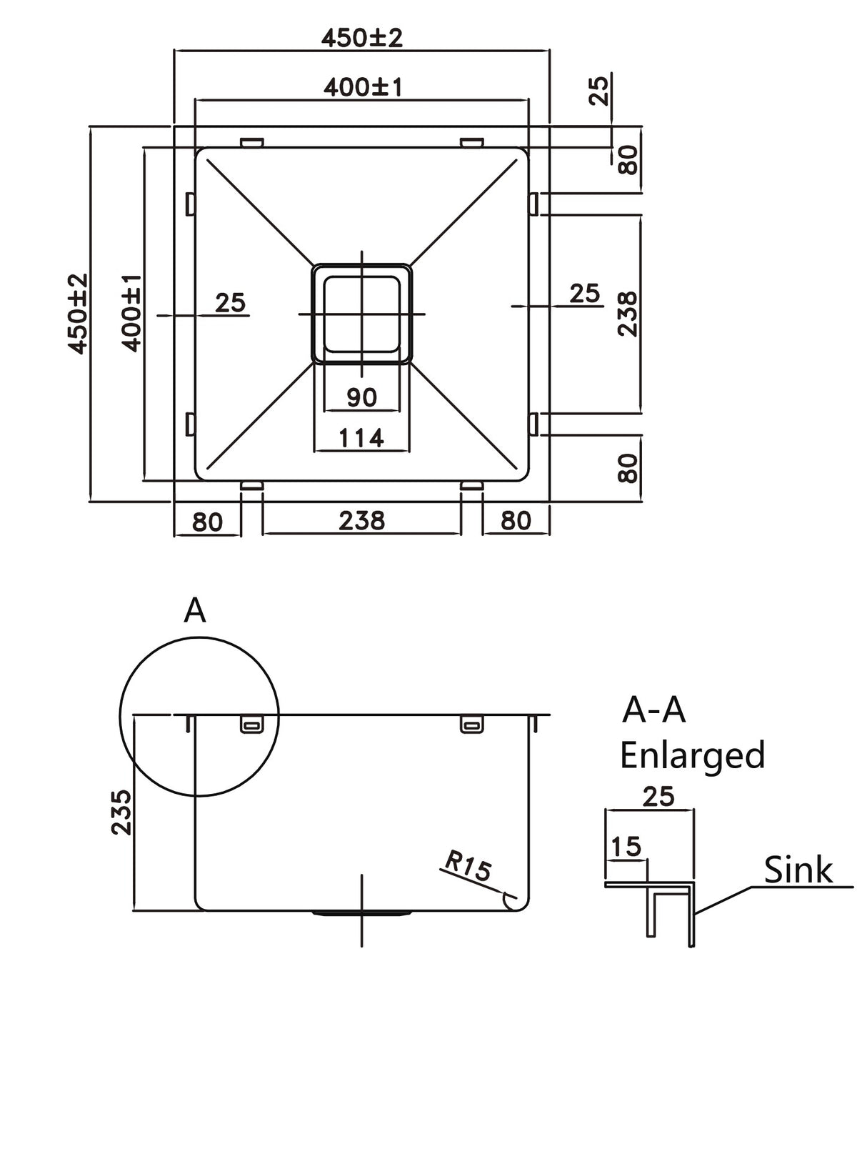 Stainless Steel Sink 450*450*235mm